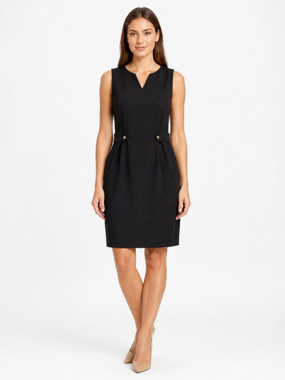 Jude Connally Black Sleeveless V-Neck Ponte Shift Dress Gold Buttons Size Large